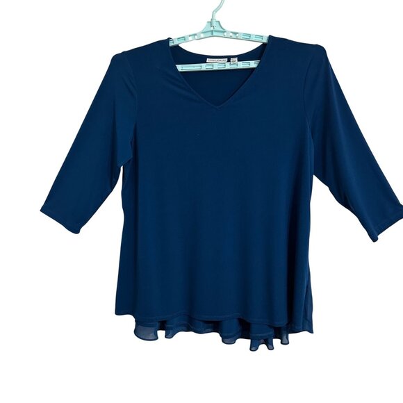 Susan Graver Womens Top XL Liquid Knit Teal Peplum Chiffon Overlay Feminine - Picture 1 of 7